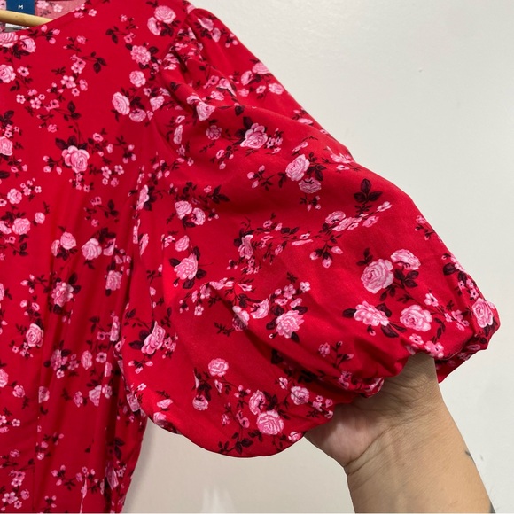 Old Navy Cut Out Back Floral Summer Red Puff Sleeves Crew Neck Midi Dress Size M - Picture 9 of 10